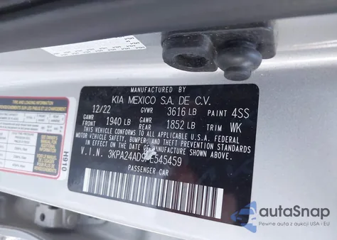 2023 Kia Rio Lx из США, поврежденный, VIN 3KPA24AD9PE545459